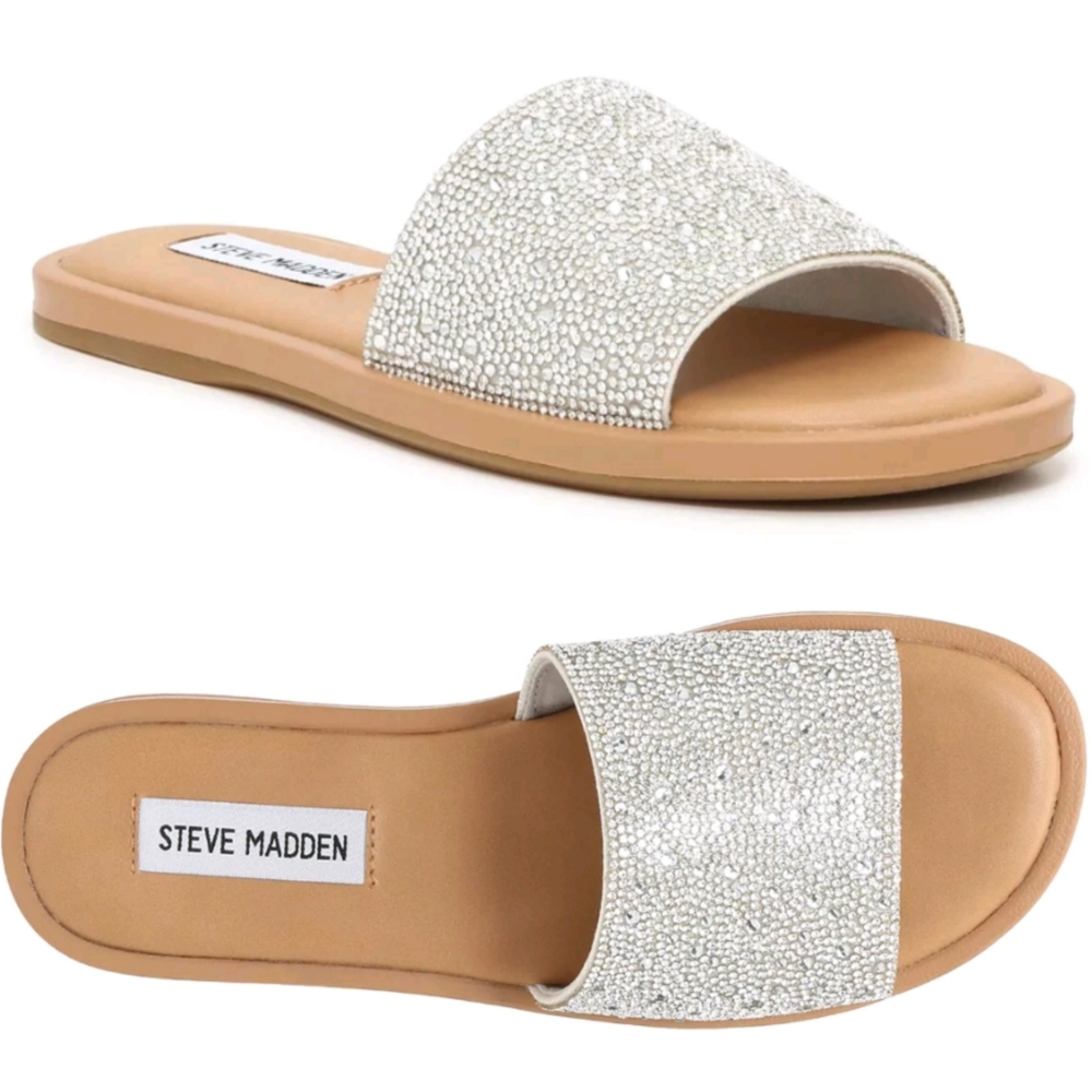 ☆Steve Madden Silver Rhinestone Bedazzled Tan Slide Sandals☆